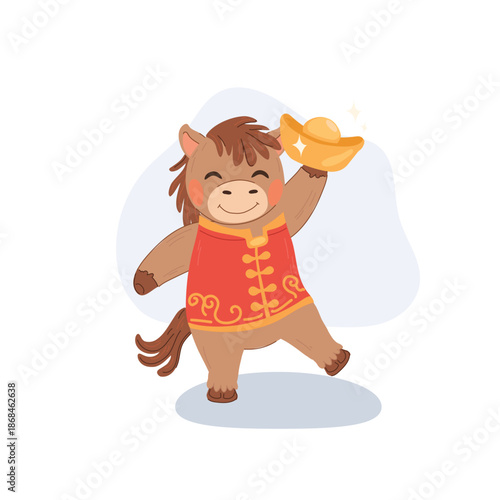 cute zodiac horse celebrating chinese new year with gold ingot and festive outfit