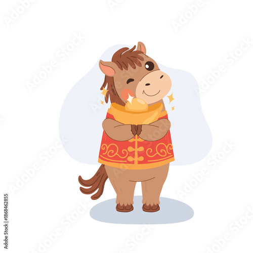 cute cartoon horse wearing traditional chinese clothing and holding gold ingot celebrating lunar new year