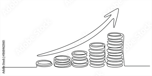 Continuous line drawing showing increasing coin stacks with an upward arrow for financial growth Vector, illustration