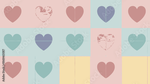 Colorful heart shapes in a grid pattern on pastel background.