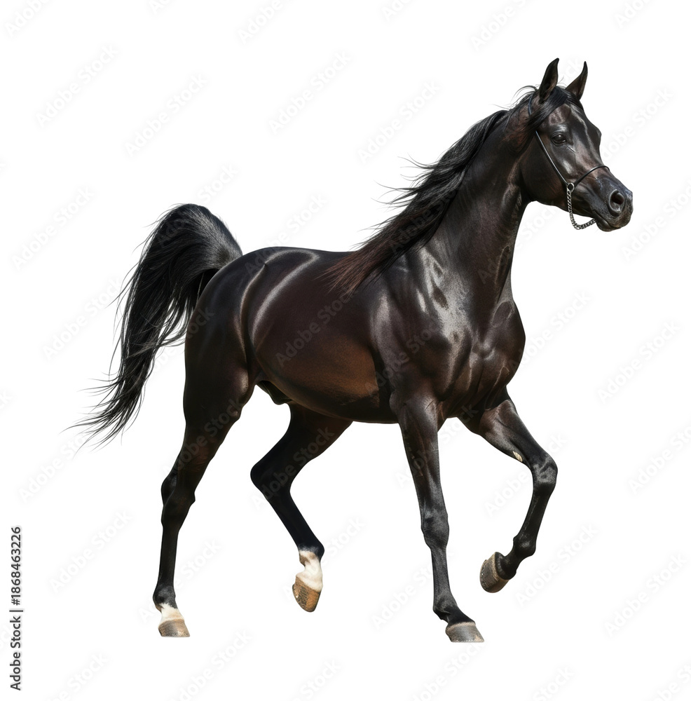 Fototapeta premium Running black horse arena animal dynamic scene isolated on transparent background