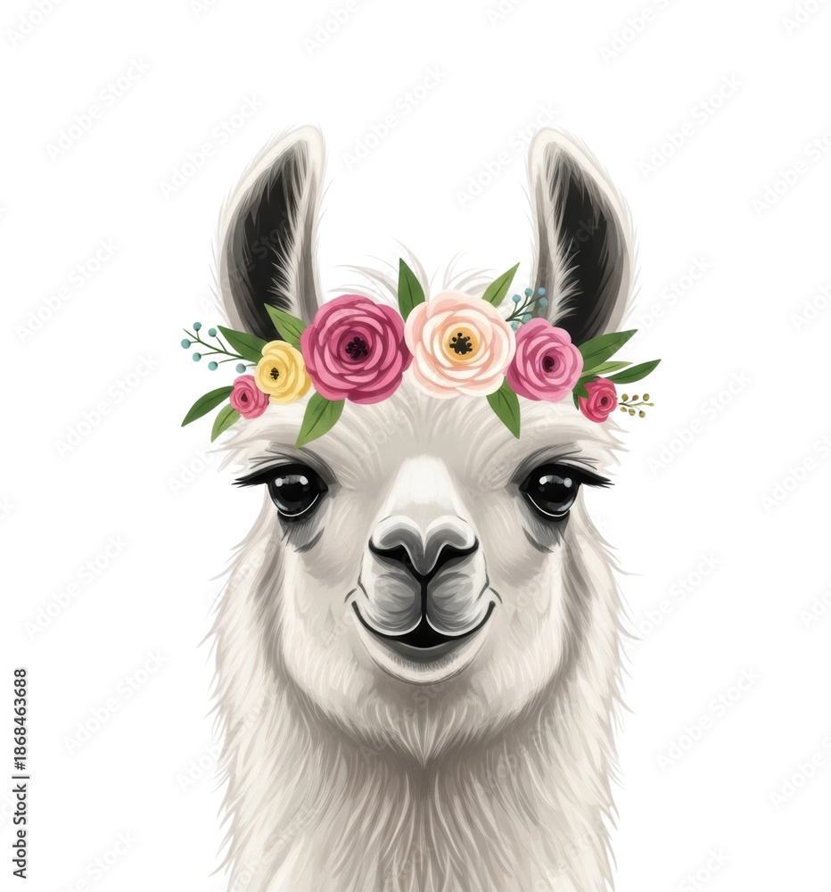 Fototapeta premium Llama portrait with floral crown digital cute isolated on transparent background