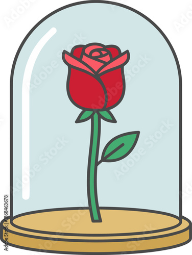 A vibrant red rose with a green stem and leaf, elegantly displayed and preserved under a clear glass dome on a simple wooden base, in a cartoon style illustration.