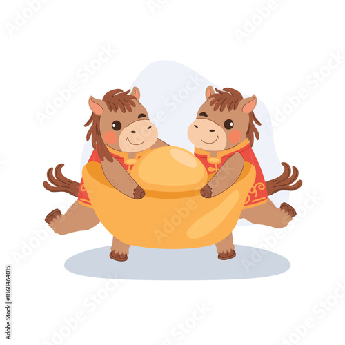 Two cute cartoon horses wearing traditional Chinese outfits hold a gold ingot during Chinese New Year.