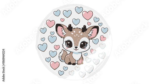 Adorable cartoon deer with hearts on white background.