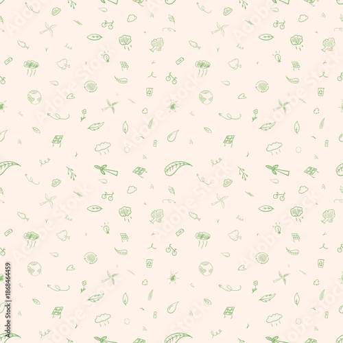 Eco-friendly hand-drawn seamless pattern with green doodle sketches of wind turbines, solar panels, recycling symbols, and nature elements. Minimalist sustainable energy and ecology concept background
