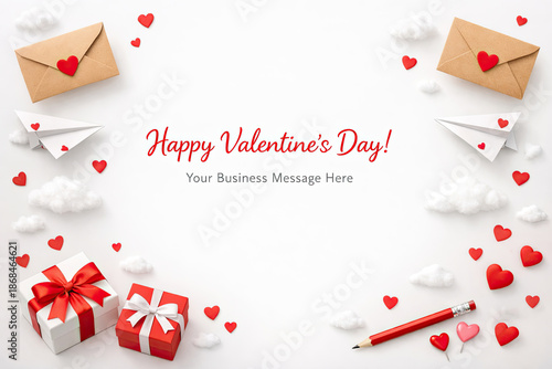 A Valentine's Day business concept that combines subtle symbols of love from floating cardboard envelopes, email airplanes, hearts, gift box, clean space for corporate promotions