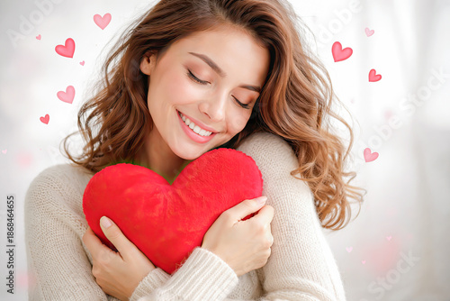 Self-love. A girl smiles with her eyes closed and hugs a furry heart. Valentine's card. Celebration. Social media message