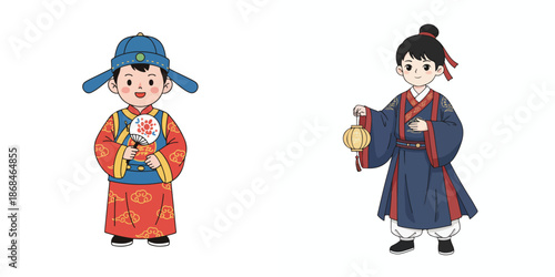 Vector of a little boy wearing Hanfu clothes. Vector, minimalist, illustration, icon set.