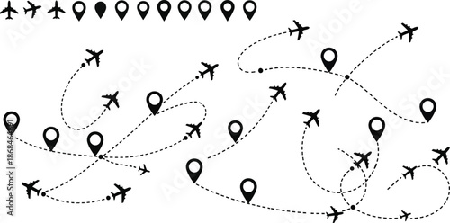 Flight Route Map with Airplanes and Location Pins