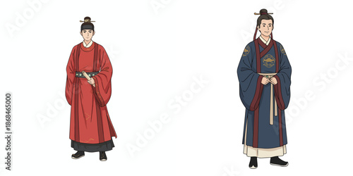 Vector of a man wearing Hanfu clothes. Vector, minimalist, illustration, icon set.