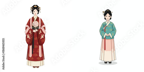Vector of woman wearing Hanfu clothes. Vector, minimalist, illustration, icon set.