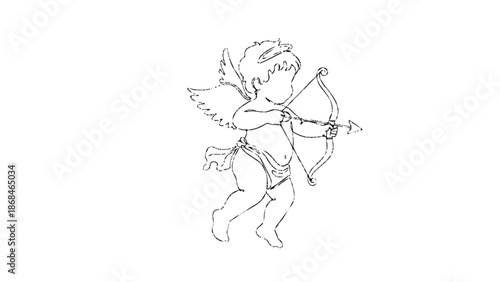Simple line drawing of Cupid with bow and arrow.