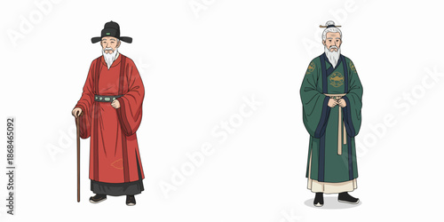 Vector of grandfather wearing Hanfu clothes. Vector, minimalist, illustration, icon set.