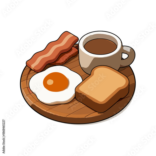 Isolated stylized breakfast platter with bacon, egg, toast, and coffee