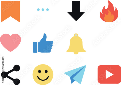 Social media icon set with bookmark heart like notification bell share and video player symbols