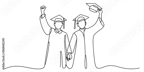 Continuous line drawing of two graduating students celebrating their academic achievement Vector, illustration