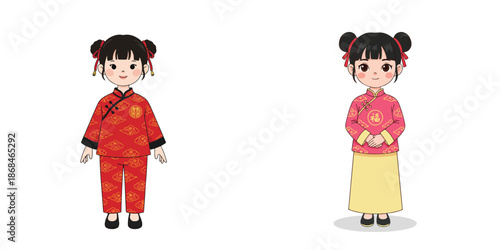 Vector of a little girl wearing a Tang Suit clothes. Vector, minimalist, illustration, icon set.