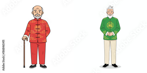 Vector of grandfather wearing traditional Chinese Tang Suit. Vector, minimalist, illustration, icon set.