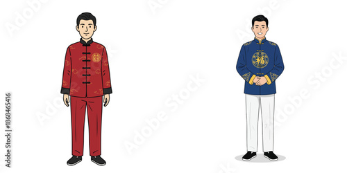 Vector of a man wearing a traditional Chinese Tang Suit. Vector, minimalist, illustration, icon set.