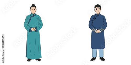 Vector of a man wearing traditional Chinese Changshan clothing. Vector, minimalist, illustration, icon set.