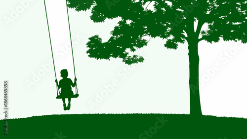 Child on swing under tree in green silhouette landscape