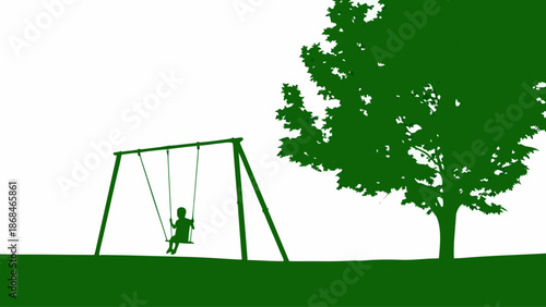 Child playing on swing set in green park with tree