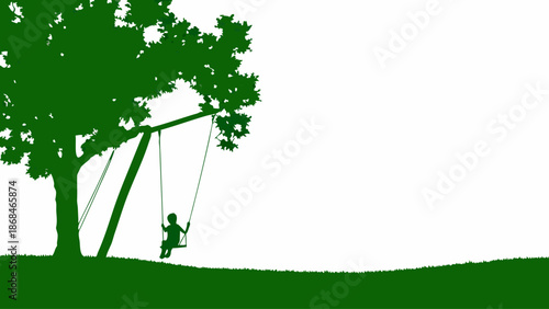 Child playing on swing under tree in green silhouette