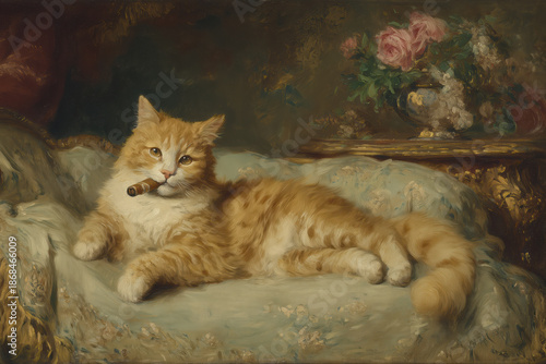 Gentleman Orange Cat Smoking Cigar in Vintage Oil Painting Style © touchedbylight