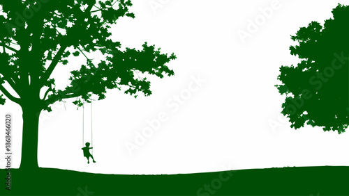 Serene silhouette of child on swing under tree