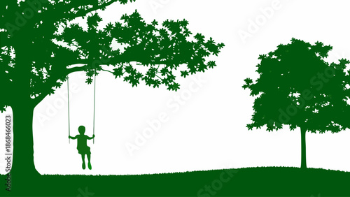 Child playing on swing under tree in green silhouette landscape