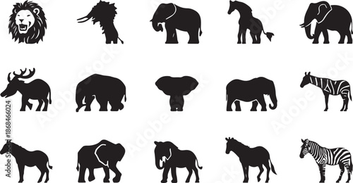Assortment Of African Wildlife Silhouettes Including Lions Elephants Giraffes Zebras And A Moose