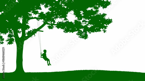 Child swinging happily on tree swing in green silhouette
