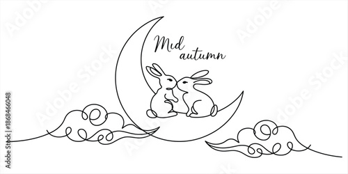 Minimalist continuous line art of two rabbits on a crescent moon for the mid-autumn festival celebration Vector, illustration