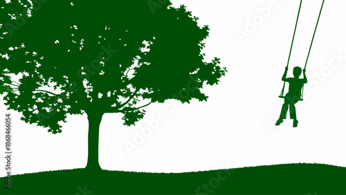 Child swinging happily on tree swing in green silhouette