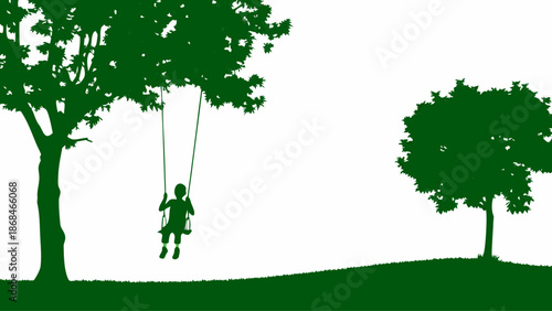 Child playing on swing under tree in green silhouette landscape