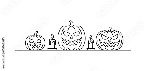 Halloween line art illustration featuring three carved pumpkins and lit candles Vector, illustration