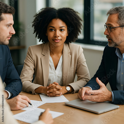 Business meeting with diverse professionals discussing documents at office table