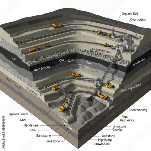 Detailed Cross Section of an Open Pit Coal Mine Operation.