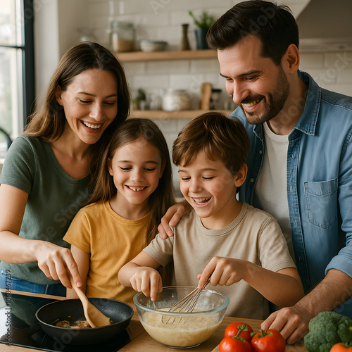 Happy family cooking together in kitchen