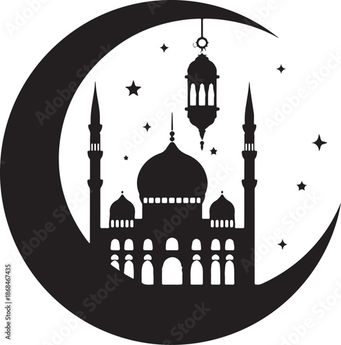 Black silhouette of a mosque with a crescent moon, stars, and a hanging lantern on a white background