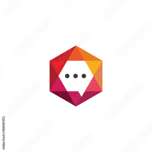 Vibrant geometric hexagon logo with a modern chat bubble icon, representing digital communication, discussion, and connection in a colorful, abstract design