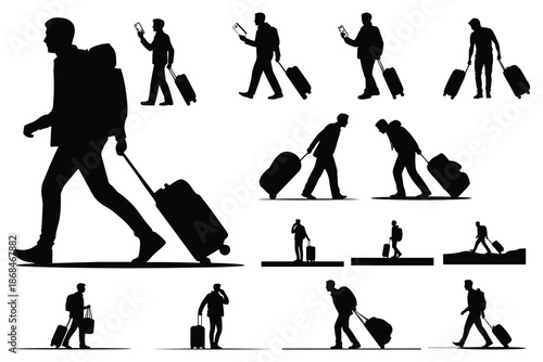 Silhouettes of people carrying luggage in various poses