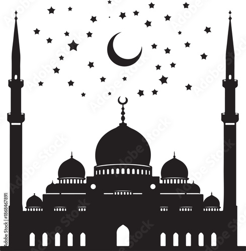 Black silhouette of a mosque with crescent moon and stars, featuring a crescent finial on the main dome