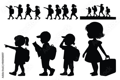 Silhouettes of Children with Backpacks Walking and Carrying Suitcases