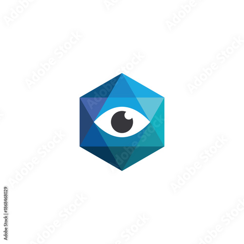 Abstract geometric eye symbol icon in a modern polygonal hexagon shape, representing advanced vision, digital insight, technology, and data security for branding and digital applications