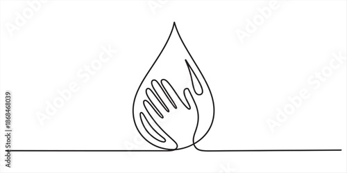 A continuous line art drawing of two hands inside a water droplet symbol Vector, illustration