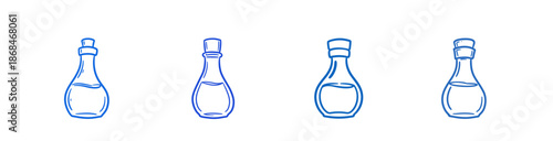 Outline of four laboratory glass flasks in blue line art style  