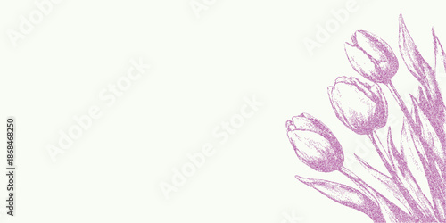 Spring background with tulips with fine grain texture, scattered dust speckles and faint stains on rough aged paper surface with vintage distress.