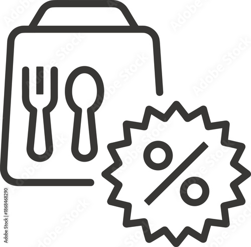 Food delivery bag icon, restaurant discount symbol, meal deal promotion sign, special price badge, vector line illustration, lunch takeout sale